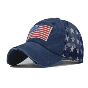 Blue American Flag Star Trucker Cap-Washed Distressed USA Embroidery- Adjustable - Picture 1 of 8