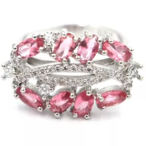 New Designed Created Pink Tourmaline White CZ Ladies Wedding Silver Rings 7.5  - Picture 1 of 3