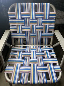 Vintage Folding Aluminum Lawn Chair Low Multicolor Webbed Beach Chair - Picture 1 of 5