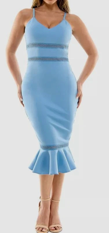 Bebe Women's Blue Crochet Trimmed Flounce Hem Midi Dress Size M