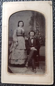 Man with eyes closed sits cross leged as woman stands Tintype Photo 2 1/2x4” - Picture 1 of 4