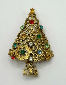 Vintage Jewelry Christmas Tree Pin Multi-color Rhinestones Goldtone Lacey Floral - Picture 1 of 2