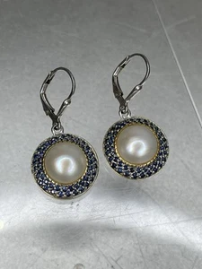 Vintage Pearl With Halo Sapphire Sterling Silver Dangle Earrings Glam - Picture 1 of 4
