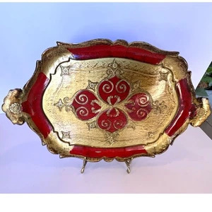 Schönes Vintage italienisches Florentiner Tablett; seltene Farben rot und gold - Bild 1 von 4