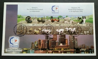 1995 New Zealand Farm Animals Singapore World Stamp Exhibition Mini-sheet MS FDC - Image 1 of 3