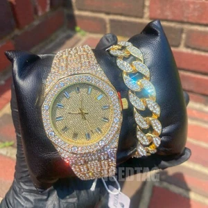 OROLOGIO E BRACCIALE HIP HOP GOLD PT METAL BLING ICED ICED OUT QUADRANTE BAGUETTE DA UOMO - Foto 1 di 8