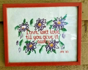 VINTAGE FRAMED LOVE NEEDLEPOINT HANDMADE - Picture 1 of 10