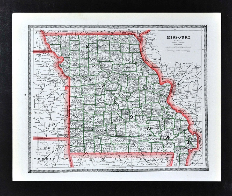 Mapa Geo Cram c 1883 - Missouri St. Louis Columbia Jefferson Kansas City Sedalia Foto 1 de 1