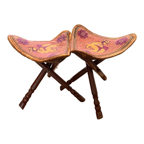 VINTAGE LEATHER EMBROIDERED HAND MADE TRIPOD STOOLS THREE-LEGGED STOOLS Cover