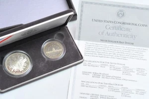 1989 CONGRESSIONAL 2 Coin SILVER Dollar + Half Dollar Congress Set w/Box & COA - Picture 1 of 2