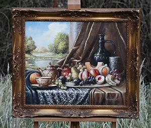 Johan K.Reinprecht (1903-?) - still life, with landscape oil on canvas painting - Bild 1 von 8