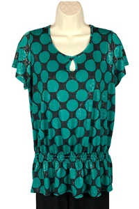 Dressbarn Blouse Womens Size L Large Black Silver Green Polka Dot Short Sleeve - Picture 1 of 6