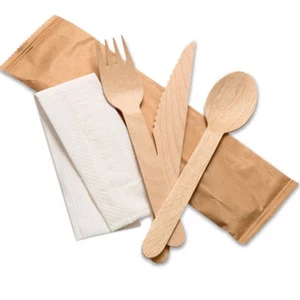 Juego de cubiertos de madera desechables diezmo cuchillo 4 en 1 + tenedor + cuchara + servilleta de 2 capas - Imagen 1 de 7