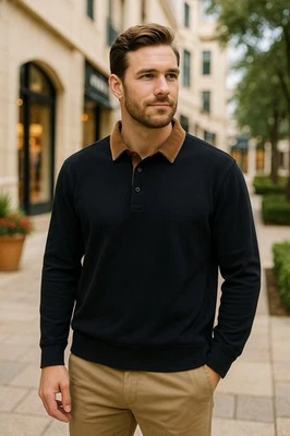 Мужская рубашка-поло ZARA XL черная с длинным рукавом коричневый вельветовый воротник 100% хлопок - Изображение 1 из 4