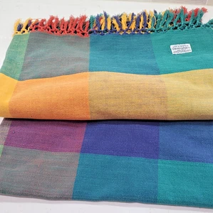 Multicolor fringed VINTAGE MARKED Bloomingdale's Cotton Tablecloth ~ 79" x 58" - Picture 1 of 23