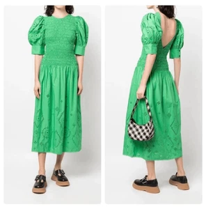 Vestido midi de algodón inglés Ganni Broderie en verde Kelly F7208 para mujer 38/8 EE. UU. - Imagen 1 de 16