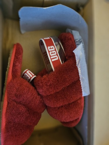 Scarpe UGG bambina taglia 11 Fluff Yeah slide sandalo nastro rosso nuove con scatola
