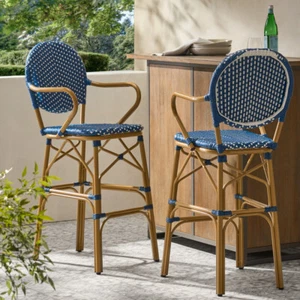 Outdoor Wicker Barstools Set-2 –Aluminum Frame, Bamboo Print,French Bistro Style - Picture 1 of 48