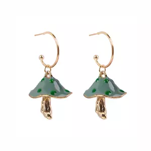 Mushroom Pink Orange Green Enamel Gold Tone "C" Post Hoop Dangle Earrings - Picture 1 of 12