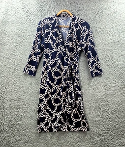 Jacqui E Womens Wrap Pencil Dress Size S Navy Blue Pink Chain Print Stretch Knit - Picture 1 of 14