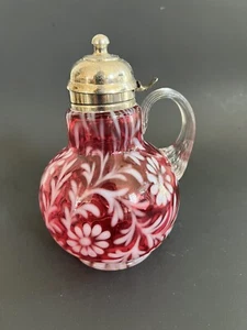 Antique Fenton Cranberry Glass Daisy & Fern Opalescent Syrup Pitcher Jug - Picture 1 of 11