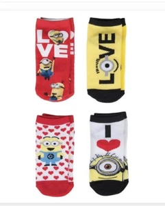 New Valentines Despicable Me Minions Ankle No Show Socks Size 9-11 Girls 4 Pairs - Picture 1 of 1