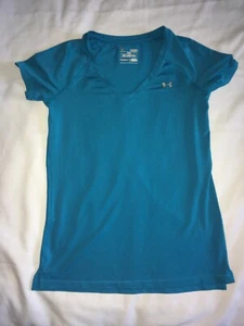 Women's Under Armour Heat Gear XS V-Neck Blue Short Sleeve Fitted - Picture 1 of 4