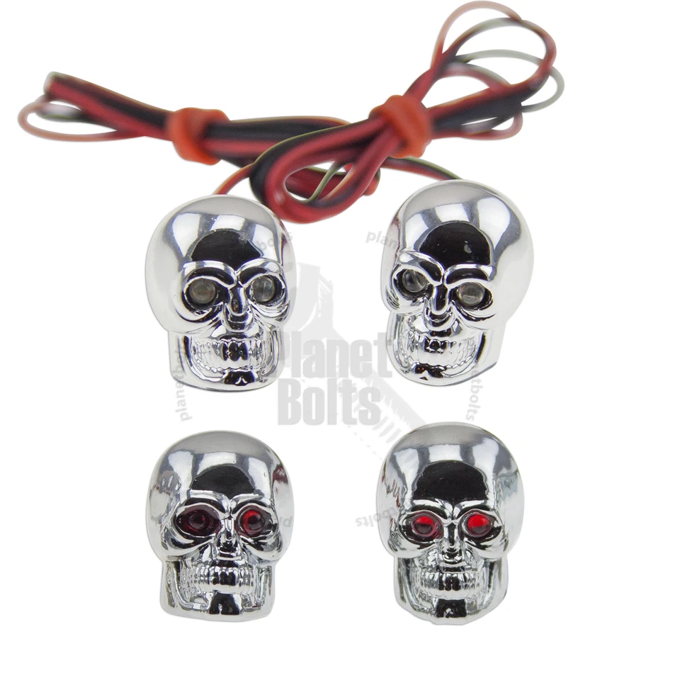 Chrome Skull LED License Plate Bolt and Valve Caps Motorcycle Auto Blue Diodes