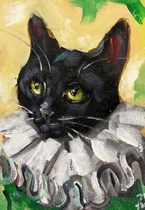 Original Oil Painting Black Cat in Ruffle Funny Animals Pet Portrait Signed - Picture 1 of 3