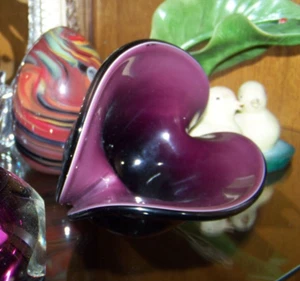 MURANO SEGUSO HANDBLOWN GLASS CLAMSHELL PURPLE PINK BLACK BOWL DISPLAY PIECE - Picture 1 of 13