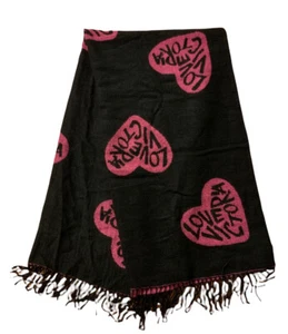 Victoria's Secret Black Fringe Throw Holiday Logo Pink Hearts Cozy Blanket, - Picture 1 of 6