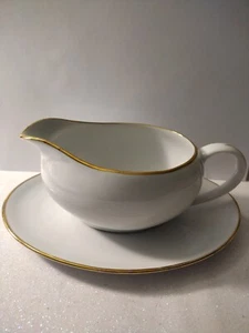 Holidays Kitchen Porcelain Gravy Boat Goldline with Under Plate Pier 1 Great - Picture 1 of 11