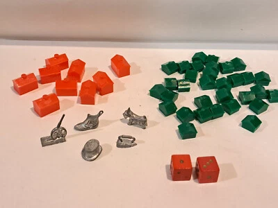 Piezas de juego Monopoly vintage, 5 fichas de peltre, 9 hoteles, 31 casas, 2 dados, reglas Foto 1 de 4
