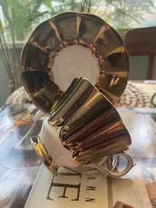 Queen Anne Intricated Black & Gold Filigree Design Footed Tea Cup & Saucer - Picture 1 of 13