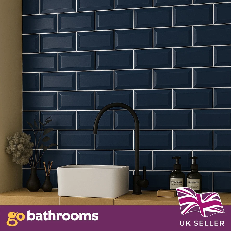 Glossy Navy Blue Ceramic Brick Subway Metro Tile With Bevelled Edge 10x20cm Box - Image 1 of 4
