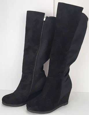 Lane Bryant Black Faux Suede Women's Knee High Wedge Heel Boots Size 10W - Image 1 of 4
