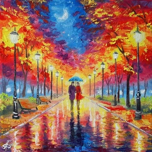 Original Oil Painting Vibrant Autumn Park Scene Couple Umbrella Canvas Wall Art - Picture 1 of 24