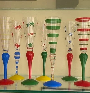 ORREFORS ANNE NILSSON CLOWN CHAMPAGNE FLUTE 10.5" GREEN STRIPE SET of 7 - Picture 1 of 17