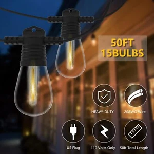 50ft 15 Bulb Vintage String Lights S14 LED Shatterproof for Outdoor Garden Patio - Picture 1 of 8