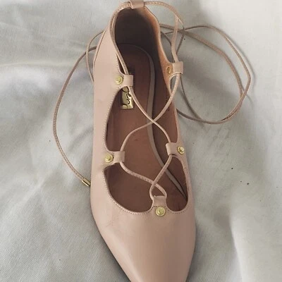 Halogen ballet flats lace up ankle ties Blush  leather Boho gold tone rivets - Image 1 of 4