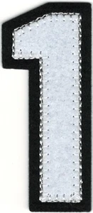 White Number 1 Patch Black Felt Outline Varsity Cut out Iron on (2 1/2" in) - Picture 1 of 1