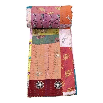 Handmade Embroidered Silk Sari Patchwork Kantha Work Bedspread Ralli Vintage Art - Image 1 of 4
