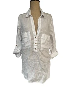 Zara  Women’s Size L White Linen V-Neck Blouse Gold Buttons , Roll Tab Sleeves - Picture 1 of 7