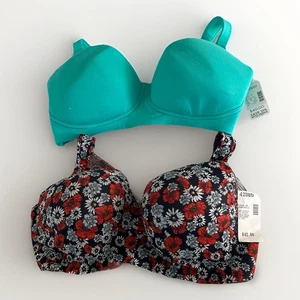 2 NEW Serenada by Catherine’s No Wire Cotton T-shirt Bras 42DDD Turquoise Navy - Picture 1 of 12