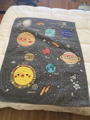 Land Of Nod Deep Space Baby Quilt Nursery Astronomy Blanket Solar System Grey - Image 1 of 4
