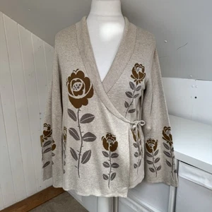 Gudrun Sjoden Cardigan Size M NEW Cream Floral 100% Cotton Wrap Flared Sleeves - Picture 1 of 12