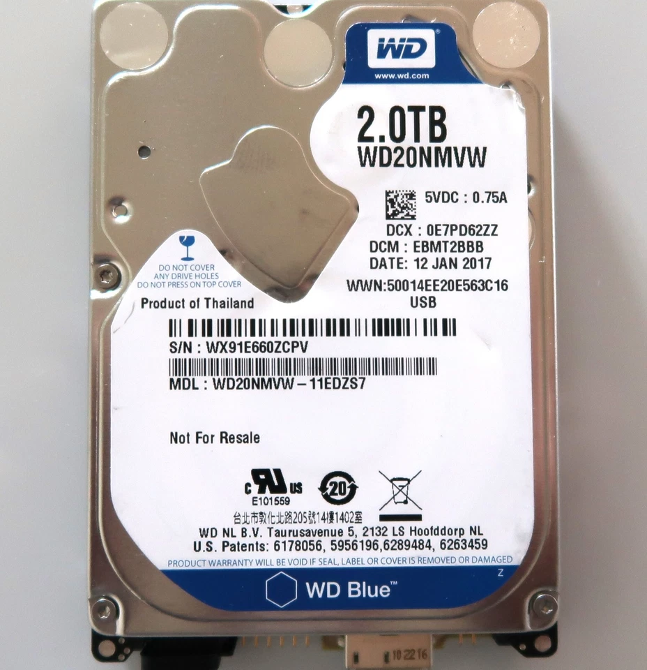 WD WD20NMVW-11EDZS7 (WX91) EBMT2BBB Thailand 2TB USB hard drive 12JAN2017 - Image 1 of 1