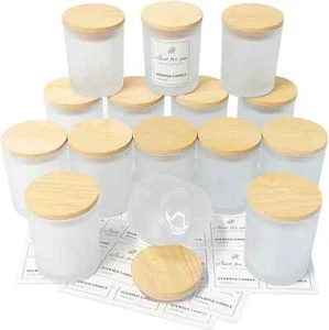 7 OZ Frosted Empty Candle Jars with Bamboo Lids and Sticky Labels for Making Can - Picture 1 of 12