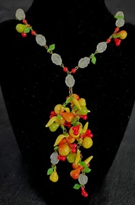 Vintage Plastic Fruit Cluster Necklace White Carved Beads & Fruit Pendant, 17" - Picture 1 of 18