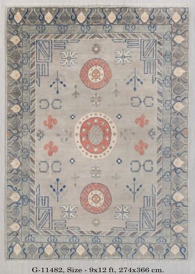 9x12 Gray Khotan Rug Handmade Soft Quality Wool Living Room Rug - Image 1 of 4